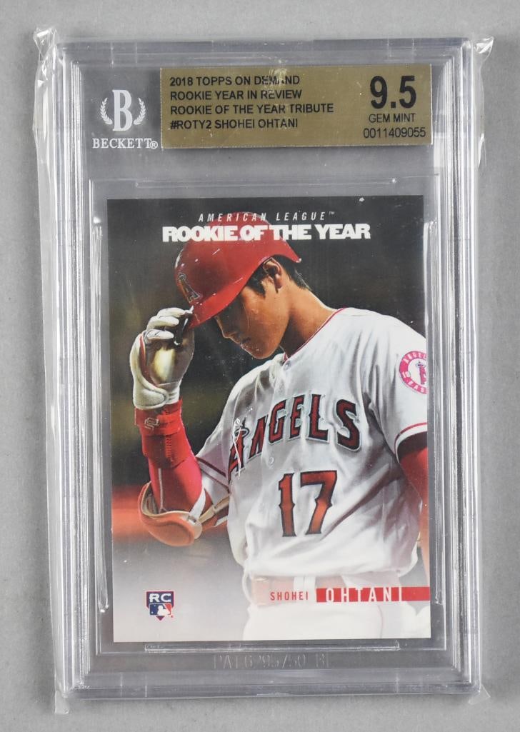 2018 Topps Shohei Ohtani Rookie of the Year, Beckett 9.5 GM: Lot is is for a Beckett graded Shohei Ohtani?Rookie of the Year card from 2018. It is a 9.5 Gem Mint.