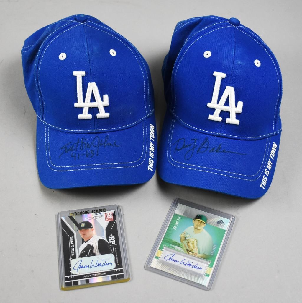 LA Dodgers Ball Caps & Oakland A's Player Cards, All Signed: Cool baseball fan lot with signed memorabilia. Includes two Dodgers ball caps signed by Dusty Baker and "Sweet" Lou Johnson. Includes are two baseball cards signed by Jason Windsor, both are draft pic