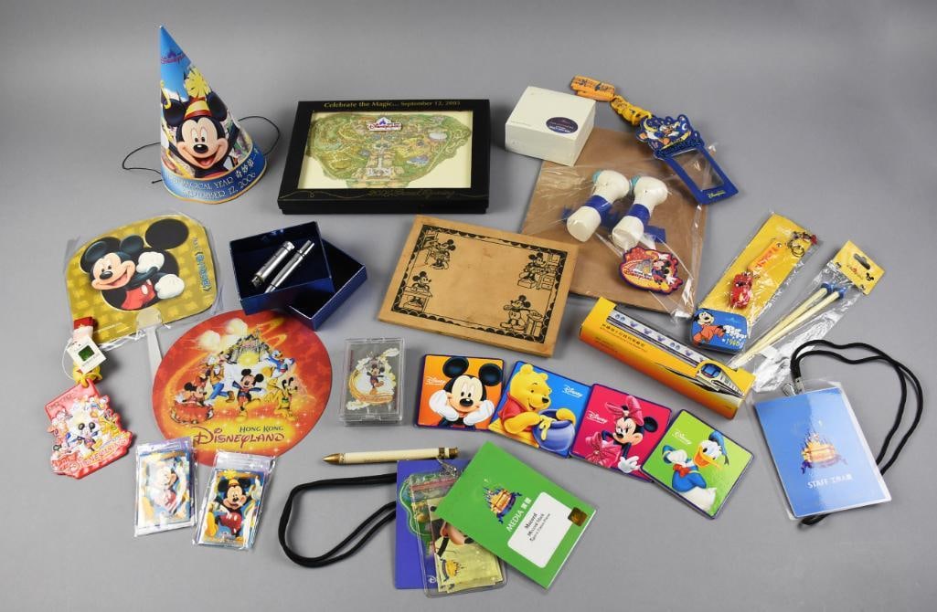 Disneyland Hong Kong Grand Opening Premium Gifts, Cast Member: All of these great collectibles appear to be for Disneyland Hong Kong cast members. There is a fun assortment of goodies that include coasters, pen with USB flash drive, battery and hand held fans, pl