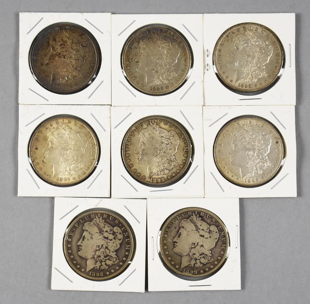 1890-1899 Morgan Silver Dollars: Lot is for seven 1890-1899 Morgan silver dollars, dates not consecutive. Includes three 1890, 1891, two 1896, 1898 and 1899, various mint marks.?