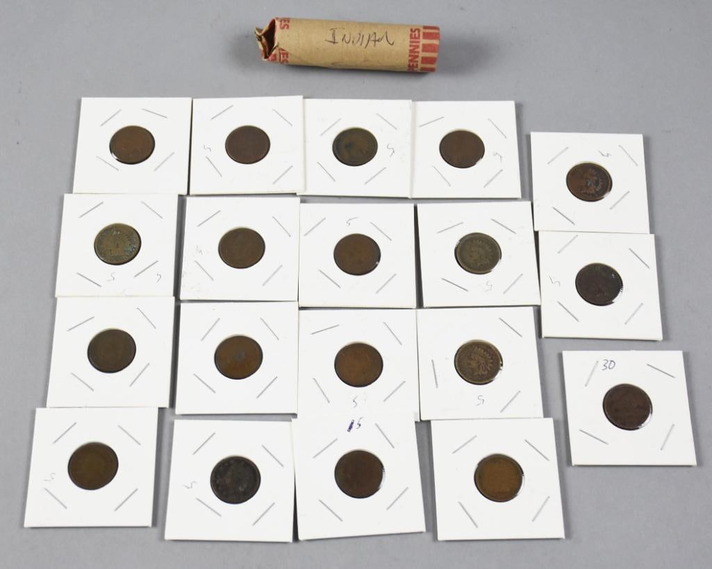 1850s-1900s Indian Head Pennies, Bank Roll & Unchecked: Lot is for a nice assortment of Indian head pennies with 19 loose but in sleeves and one roll. All have been unchecked with dates ranging from 1850 to what can visibly seen in the penny roll 1904. One