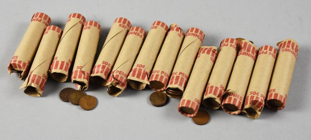 (14) 1930s-1940s Unsearched Penny Rolls: This lot is for 14 unsearched penny rolls that appear to date from the 1930s to the 1940s. Some pennies are loose from the rolls, unknown if the rolls are complete.