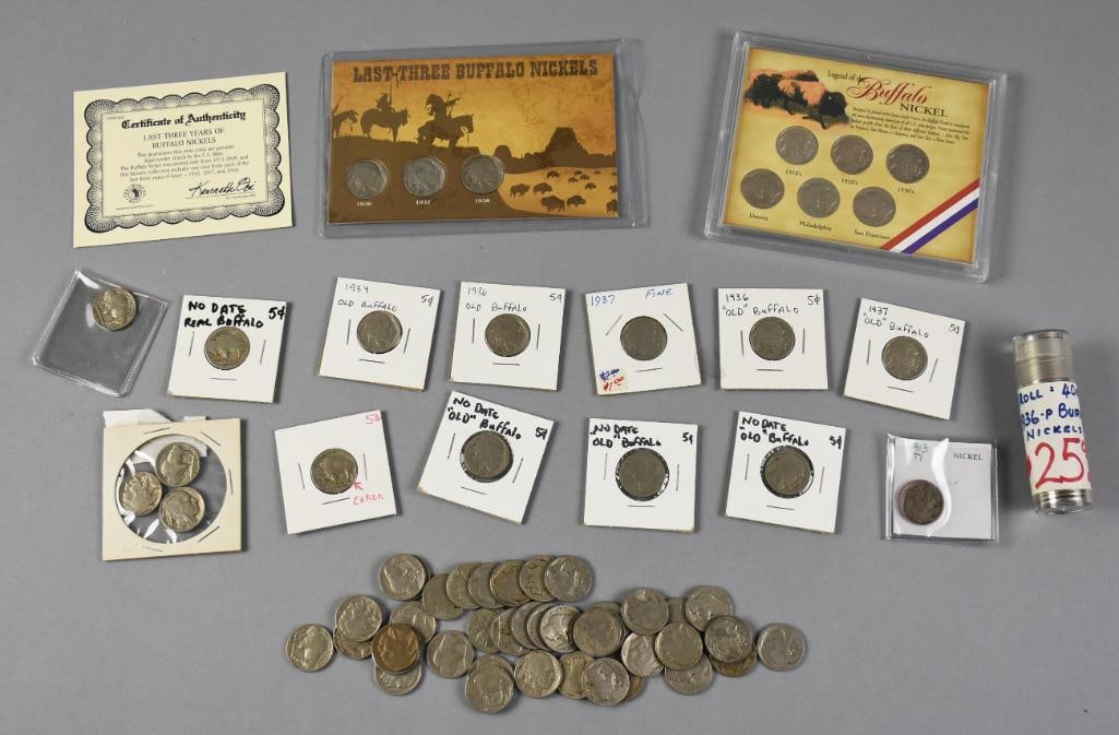 Large Collection US Buffalo Nickels, Unchecked: Huge lot of early Buffalo nickels. Most appear to be from the 1930s and are unchecked. Also includes a full tube of 1936 P, Last Three Buffalo Nickels in a case and Legend of the Buffalo Nickel with C