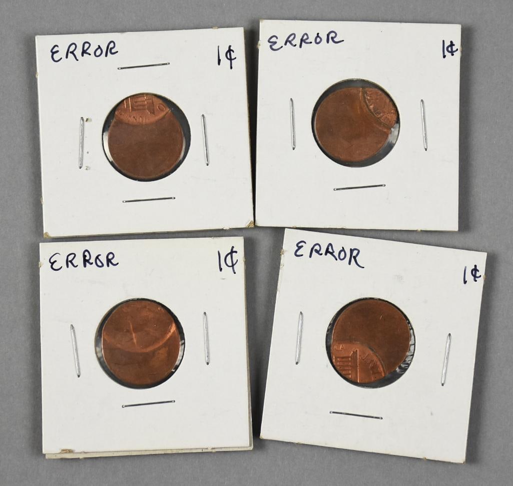 (4) Lincoln Penny Off Center Strikes, Error Coins: Lot is for four off center strike pennies. Unknown dates.
