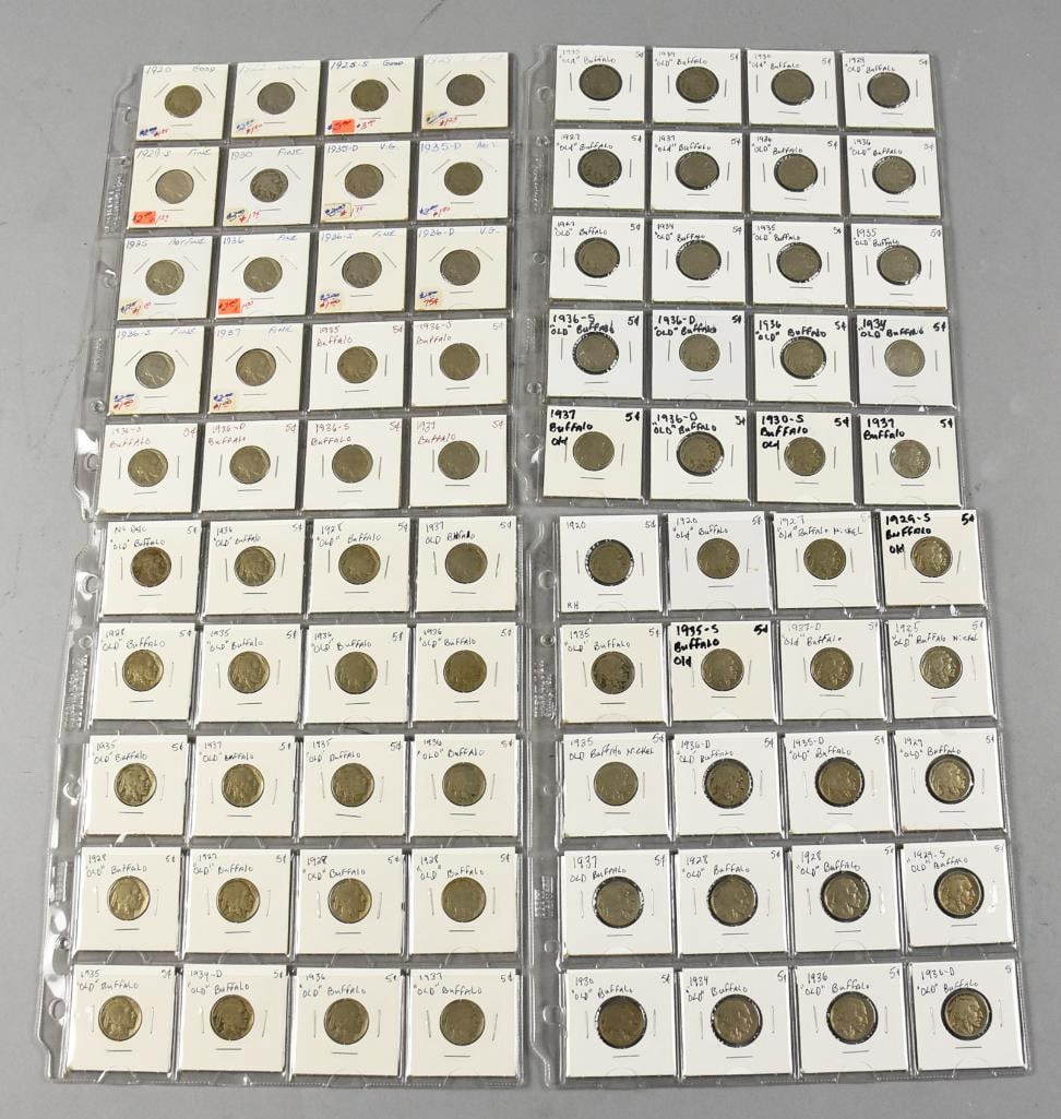(80) 1920s-1930s Indian Buffalo Nickels, Sleeved: This is a whole nice collection of Indian Buffalo nickels. They all date from 1920 to 1937, years aren't consecutive. All are sleeved and some have been evaluated for condition.?