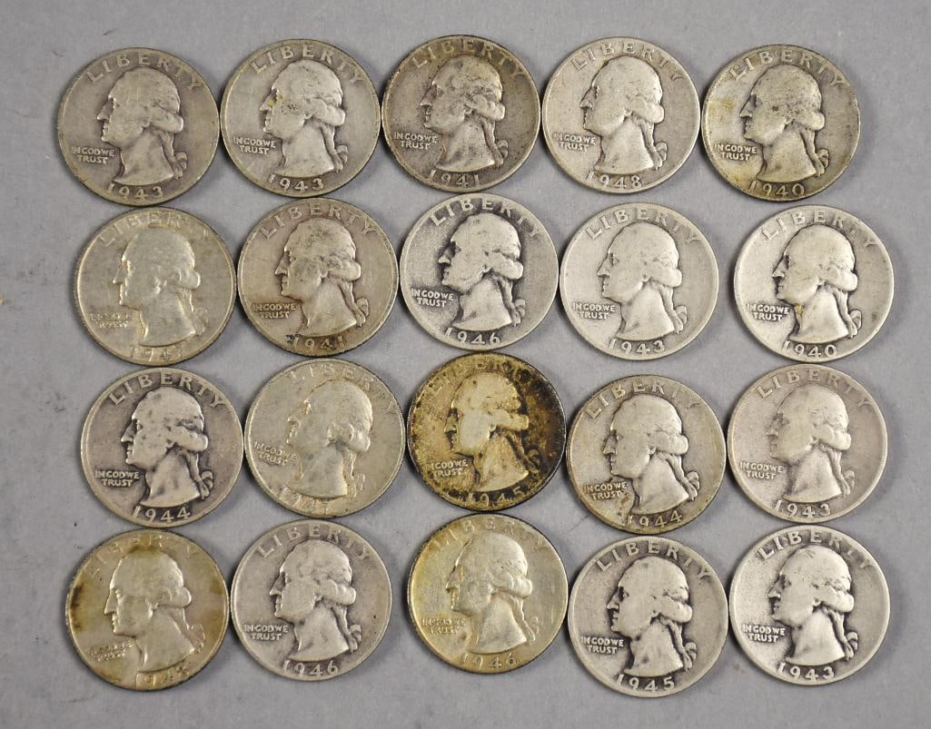 (20) 1940s 90% Silver Washington Quarters, Circulated: Lot is for 20 Washington quarters. They are 90% silver from the 1940s.