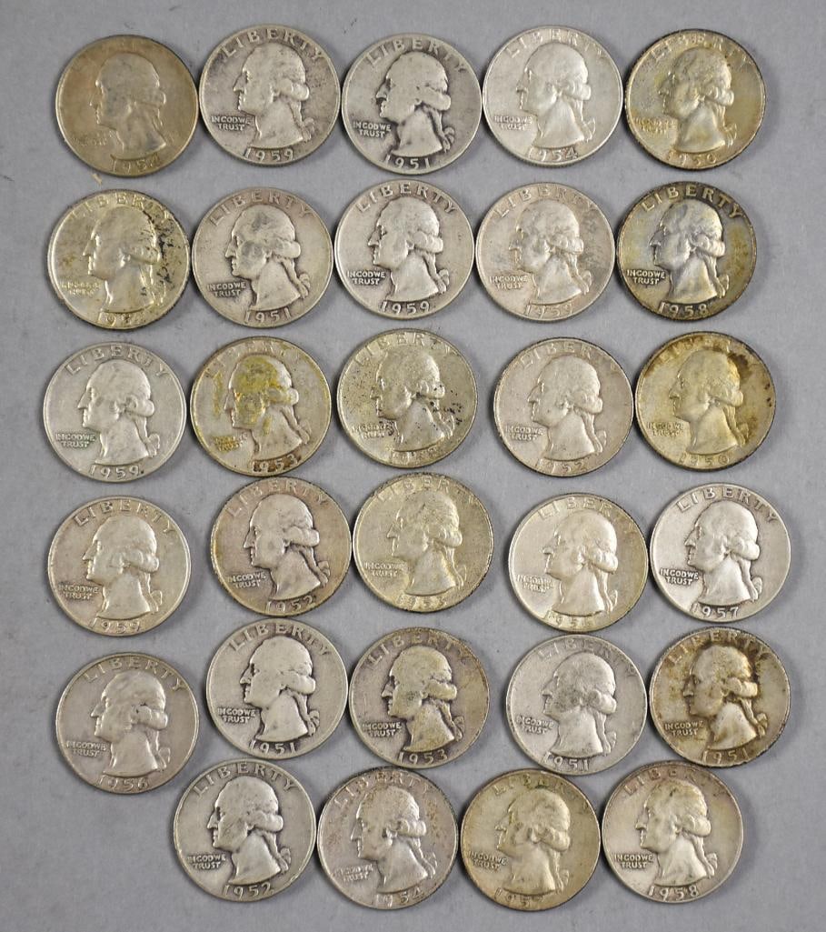 (29) 1950s 90% Silver Washington Quarters, Circulated: Lot is for 29 Washington quarters. They are 90% silver from the 1950s.