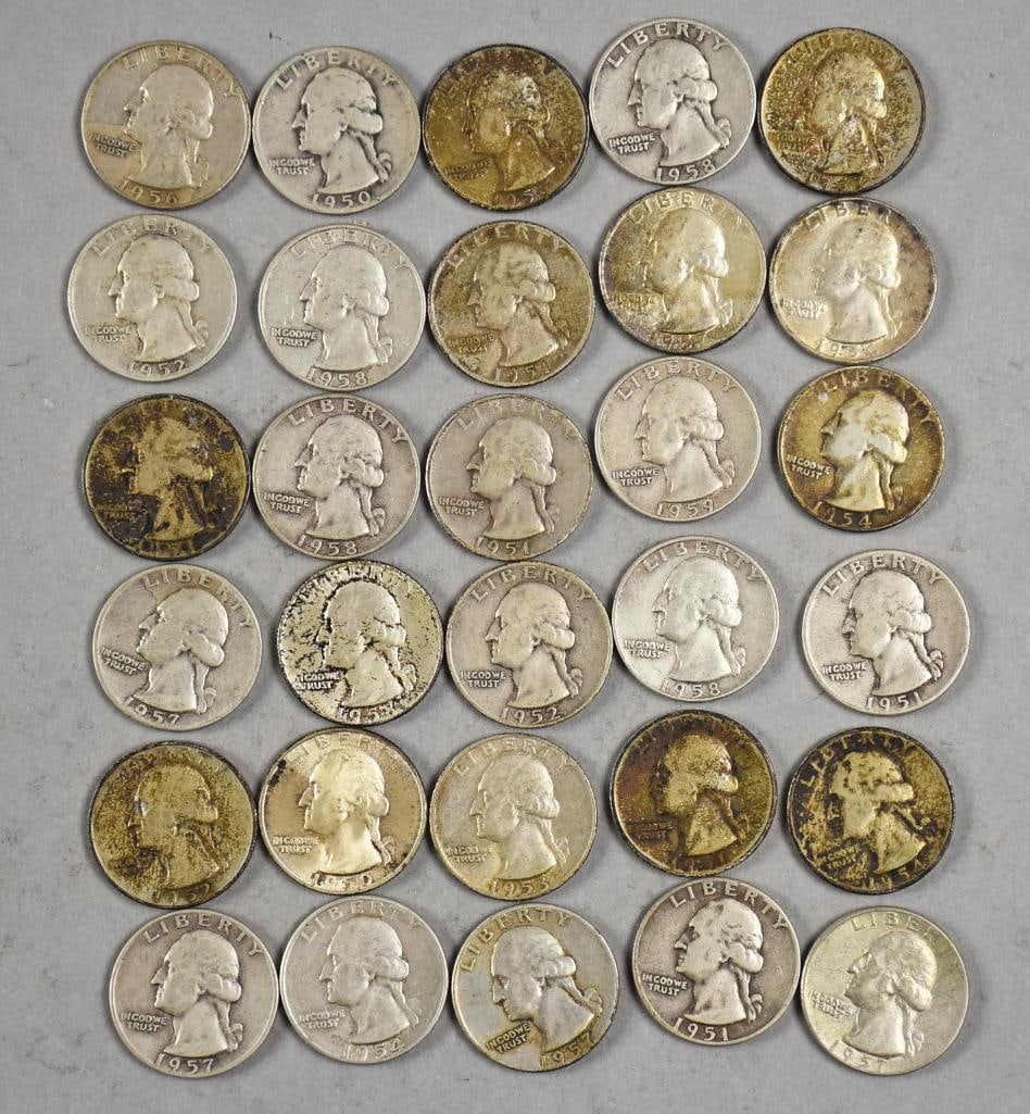 (30) 1950s 90% Silver Washington Quarters, Circulated: Lot is for 30 Washington quarters. They are 90% silver from the 1950s.