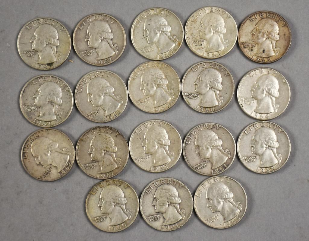 (18) 1960-1964 90% Silver Washington Quarters - Circulated: Lot is for 18 1960-1964 90% silver Washington quarters.?