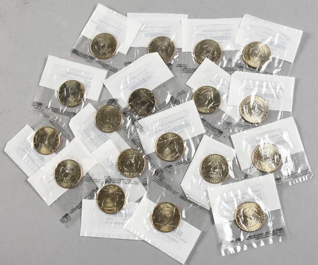 (18) 2002-2006 Kennedy Half Dollars, Uncirculated: Great lot of uncirculated Kennedy Half Dollars. Each is individually packaged with date and mint marks visible.?