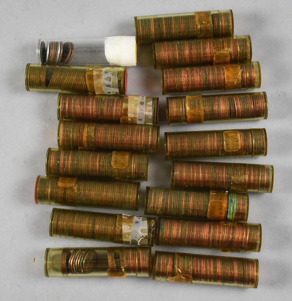 1940s-1950s Lincoln Wheat Penny Tubes, Unchecked: This lot is for 17 tubes of unchecked pennies. Some tubes are identified on the tubes with dates from the 1940s and 1950s with 14 of them appearing to be full, one is nearly full and two with a small 