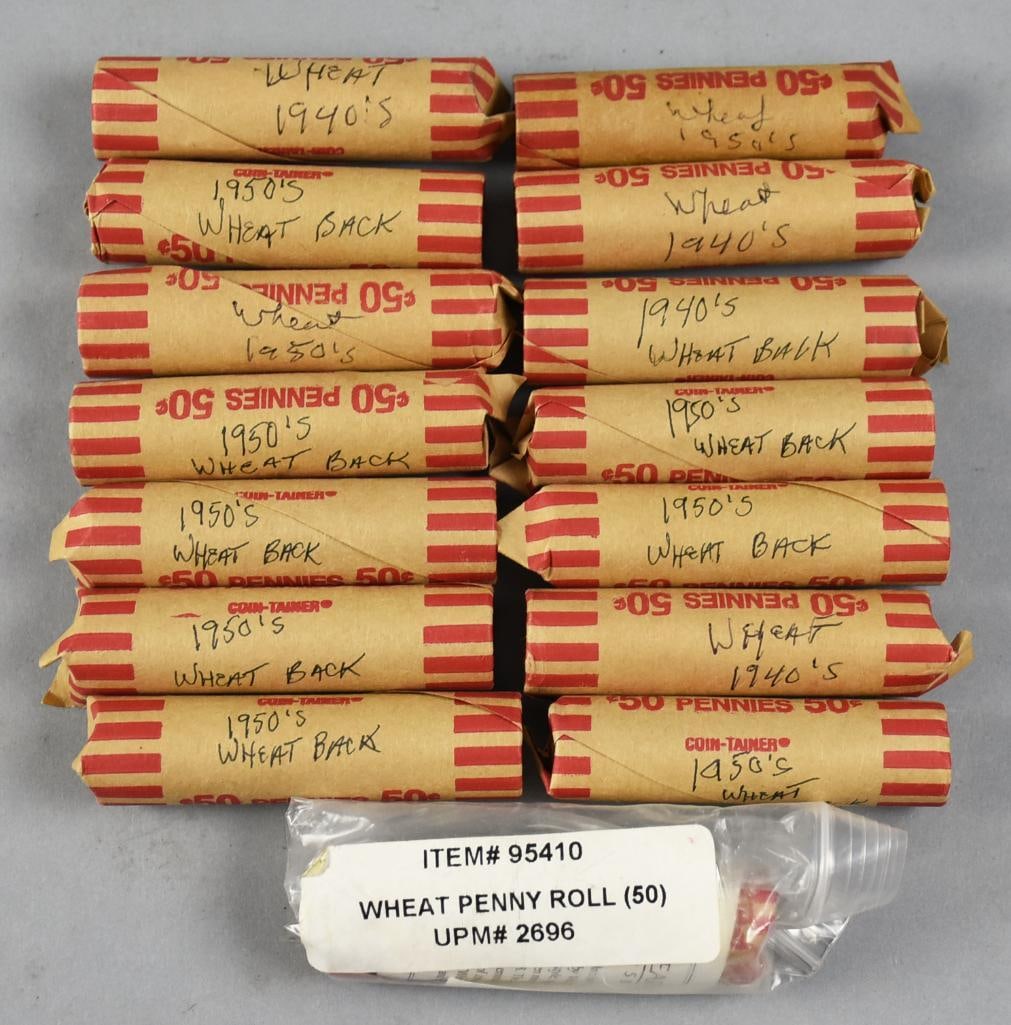 1940s-1950s Lincoln Wheat Penny Bank Rolled, Unchecked: This lot is for 11 bank rolled Lincoln wheat pennies. They are unchecked but 10 rolls with hand writing on the outside indicates from the 1940s and 1950s. The additional roll is a commemorative roll w