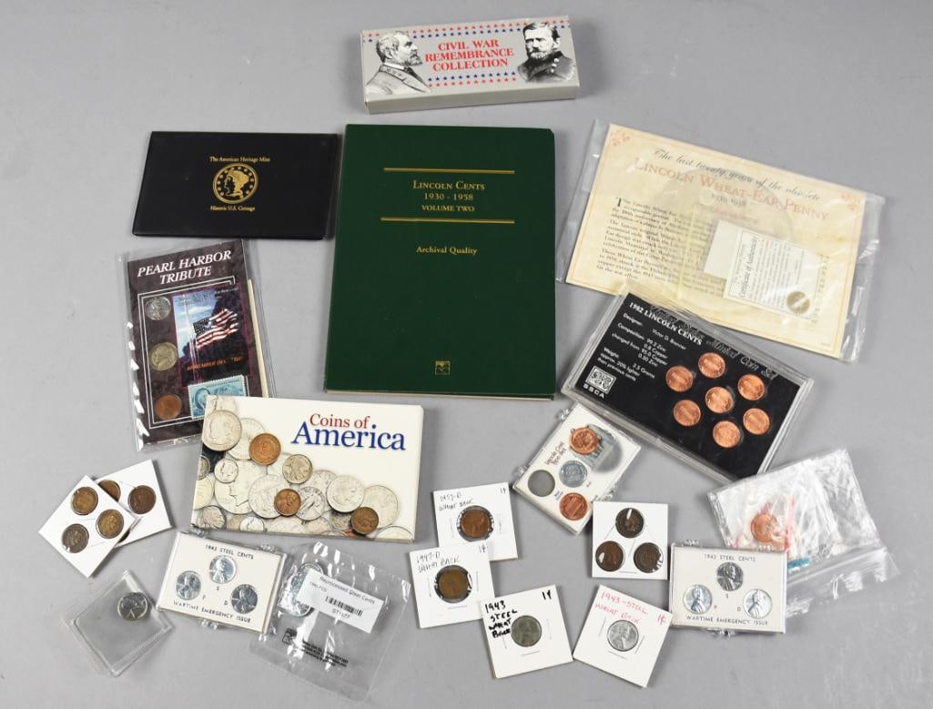 Assorted Indian & Lincoln Head Penny Collections: This large lot is for a variety of pennies that include a few Indian head, Lincoln wheaties, steelies and more. Includes collections from Littleton Coin Company, Wartime Emergency Issues, Land of Linc