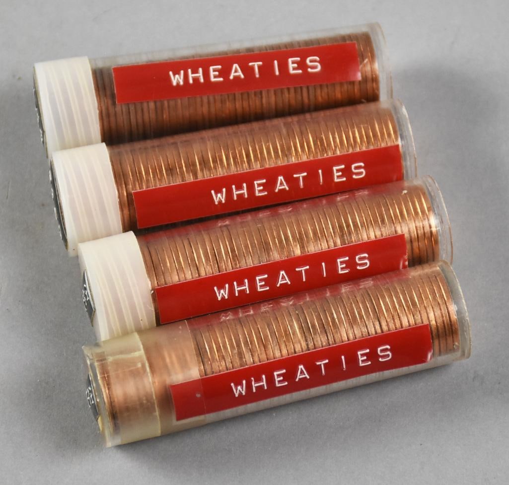 1958 D and P Wheat Pennies in Tubes, Unchecked: Lot is for four tubes of Lincoln wheaties. They are all dated 1958 with three having a D mint mark and one P. They are unsorted and unchecked.