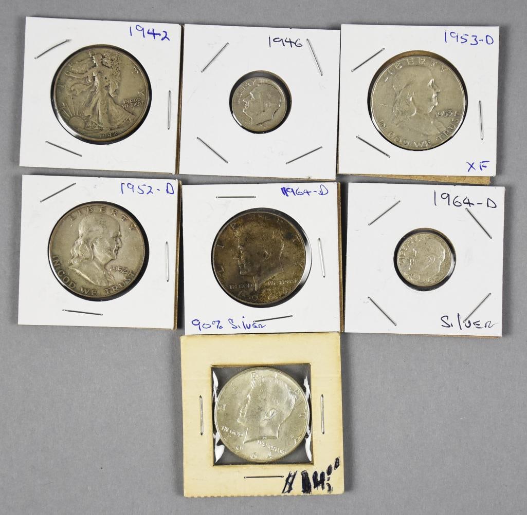 (7) 1940s-1950s United States 90% Silver Coins: This is a great lot of 1940s-50s US silver coins. Lot includes 1942 Liberty quarter, 1946 Roosevelt dime, 1952 D Franklin half, 1953 D Franklin half, 1964 D Roosevelt dime, 1964 D Kennedy half and a 1