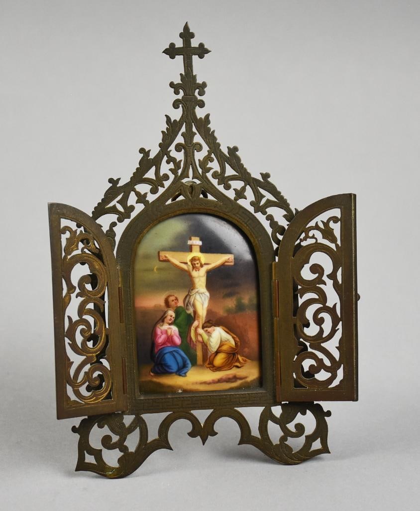 c1880 Brass Table Altar, Porcelain Painted Insert (1 of 8)