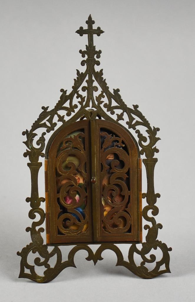 c1880 Brass Table Altar, Porcelain Painted Insert - 2