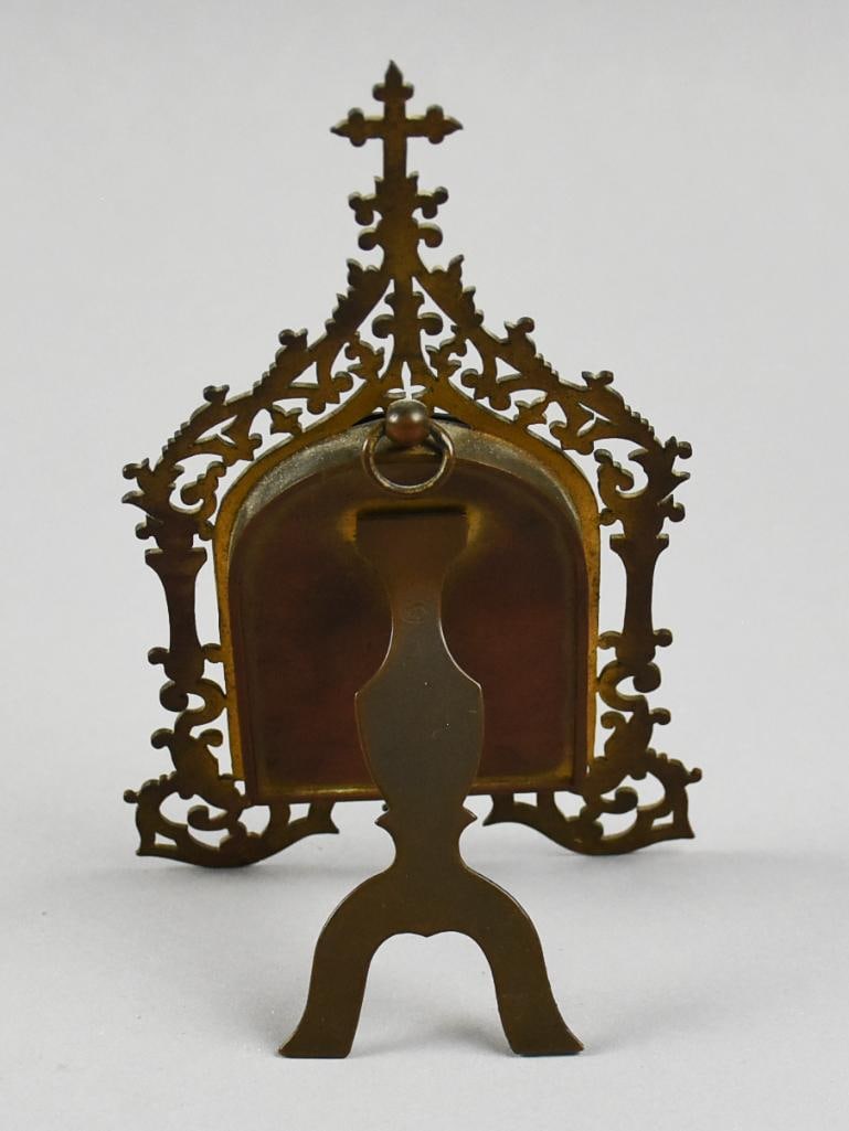 c1880 Brass Table Altar, Porcelain Painted Insert - 3