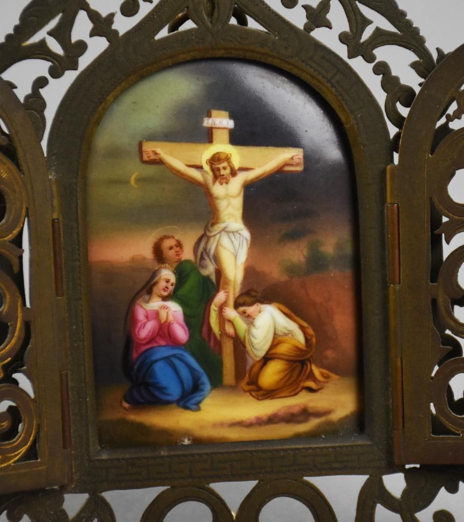 c1880 Brass Table Altar, Porcelain Painted Insert - 4