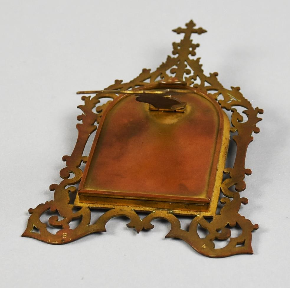 c1880 Brass Table Altar, Porcelain Painted Insert - 5