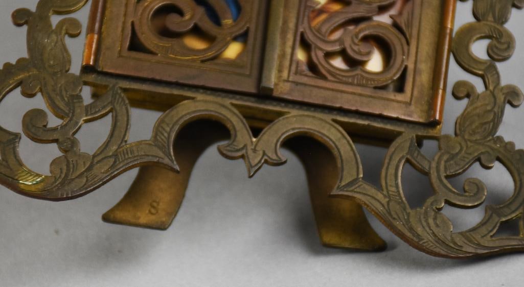 c1880 Brass Table Altar, Porcelain Painted Insert - 6