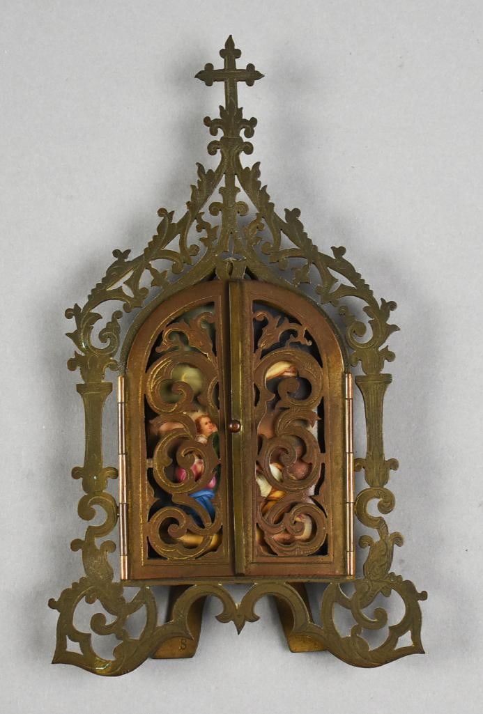c1880 Brass Table Altar, Porcelain Painted Insert - 7