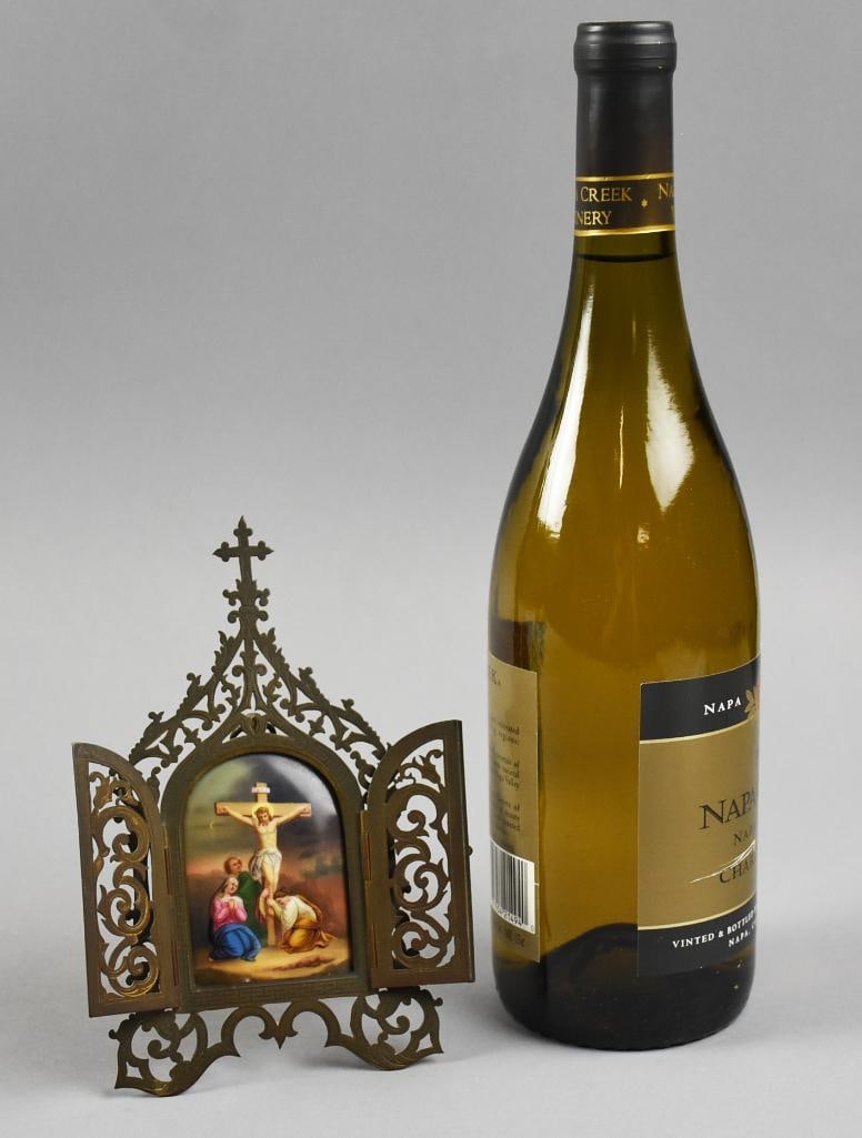 c1880 Brass Table Altar, Porcelain Painted Insert - 8
