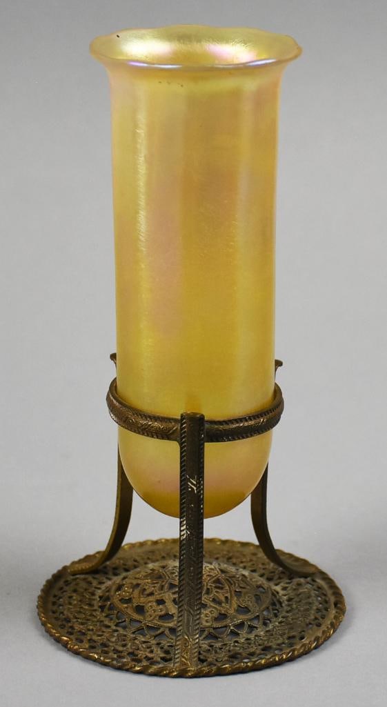 Tiffany Favrile Glass Vase Insert in Bronze Filigree Stand (1 of 10)