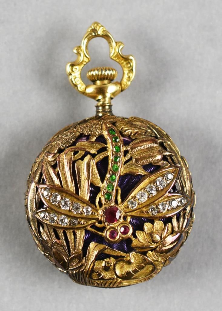 18k Tiffany & Co, c1893 Jewel Dragonfly Pocket Watch: ** RARE ** TIFFANY & CO. 18K GOLD PAULDING FARNHAM ATTRIBUTED ART NOUVEAU DRAGONFLY DIAMOND & GEM-SET PENDANT WATCH, CIRCA 1893 Exceptional and exceedingly rare late 19th-century Tiffany & Co. 18K