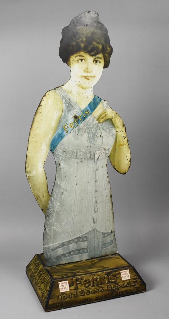 c1915 Ferris Corsets Double Sided Tin Litho Countertop Display - 2
