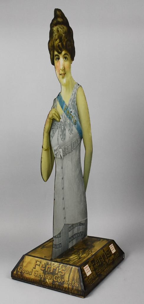 c1915 Ferris Corsets Double Sided Tin Litho Countertop Display - 3