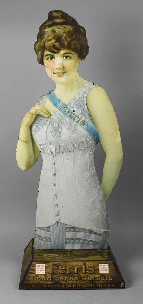 c1915 Ferris Corsets Double Sided Tin Litho Countertop Display - 4