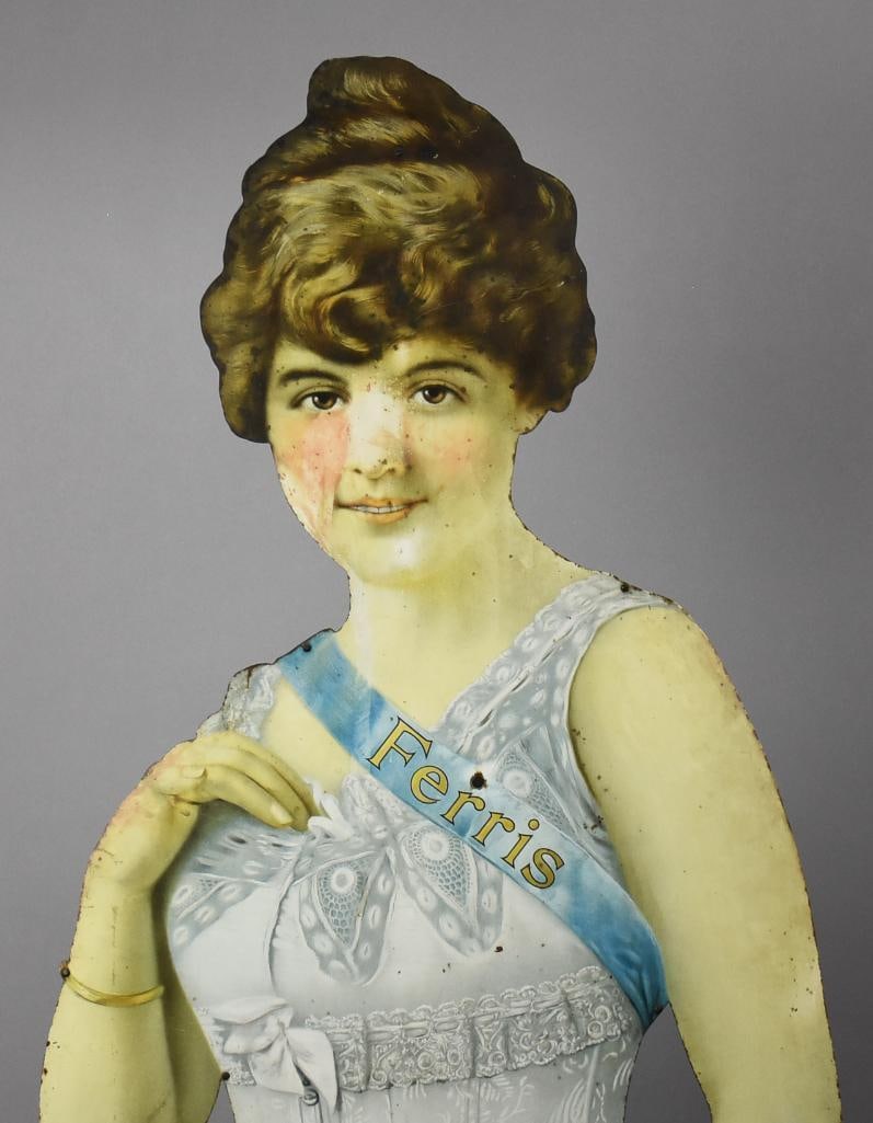 c1915 Ferris Corsets Double Sided Tin Litho Countertop Display - 5