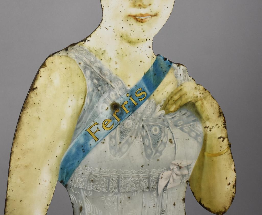 c1915 Ferris Corsets Double Sided Tin Litho Countertop Display - 6