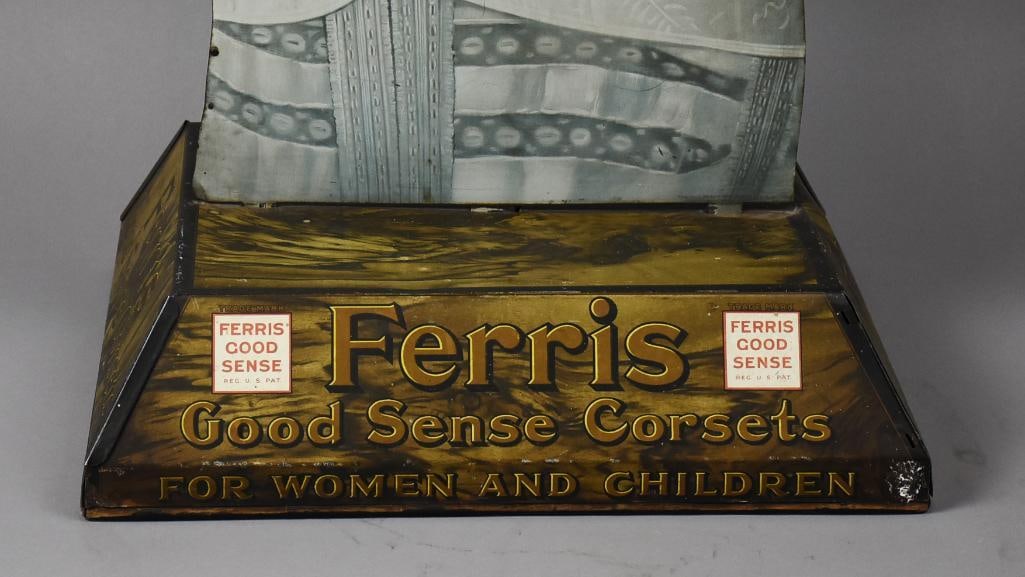 c1915 Ferris Corsets Double Sided Tin Litho Countertop Display - 7