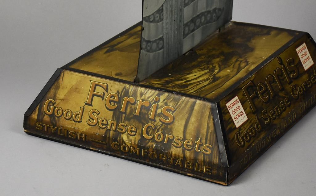 c1915 Ferris Corsets Double Sided Tin Litho Countertop Display - 8