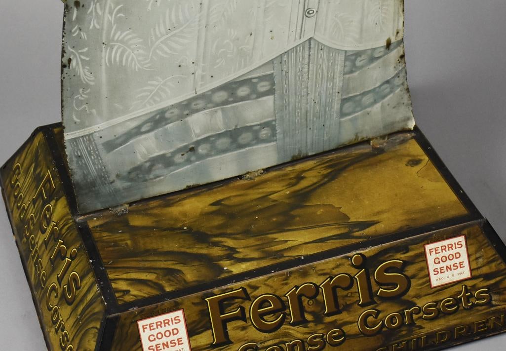 c1915 Ferris Corsets Double Sided Tin Litho Countertop Display - 9