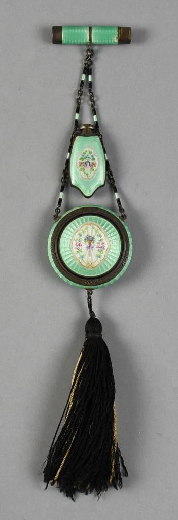 1920's Foster & Bailey Sterling Guilloche Compact Chatelaine: Wonderful antique chatelaine for cosmetics. It is by American manufacturer Foster & Bailey (1878-1898) which mark was continued on by the successor and is sterling silver with mint green guilloche ena