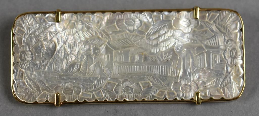 1815 Chinese Gambling Counter Mother of Pearl 14k COA: Stunning piece of antique Chinese mother of pearl. Ornately carved, one side with person in front of a home and surrounded by flowers. Other side with center medallion surrounded by flowers. It has