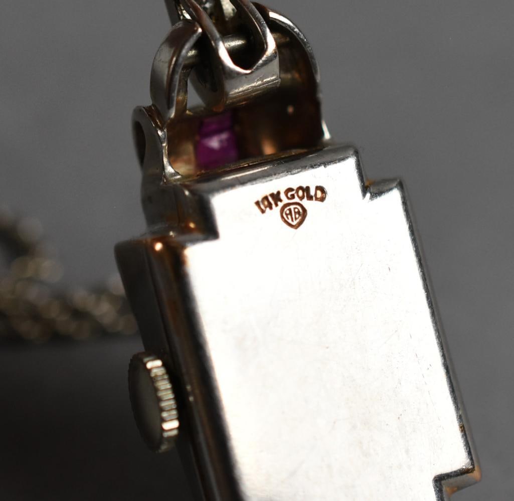 14k Lady Elgin Diamond Ruby Pendant Watch - 10