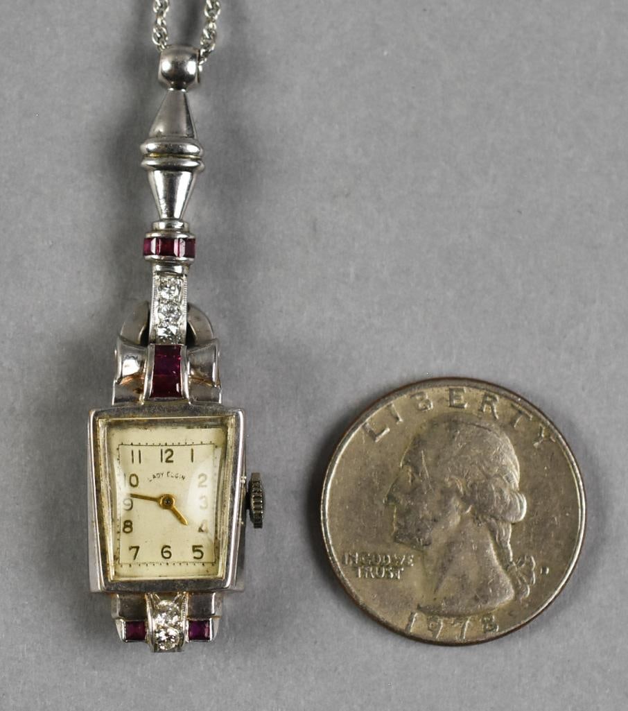 14k Lady Elgin Diamond Ruby Pendant Watch - 11