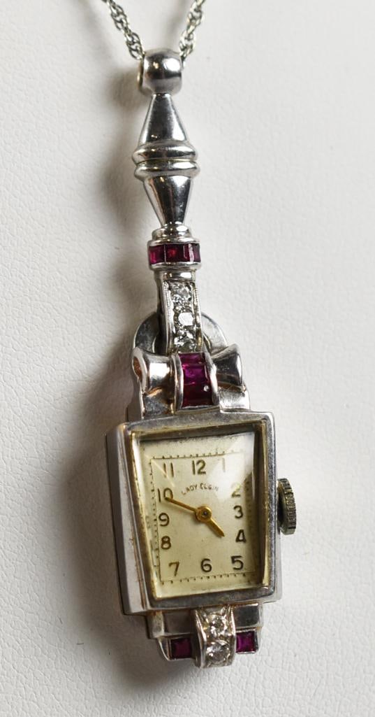 14k Lady Elgin Diamond Ruby Pendant Watch - 4
