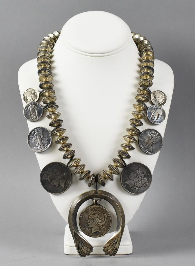 Native America Large Heavy Silver Dime Beads, Silver Coins: Wonderful vintage Native American squash style necklace coin necklace. The beads were created using 104 Mercury dimes - most appear to be from 1944 and 1945. The "blossoms" are old US coins of Peace d
