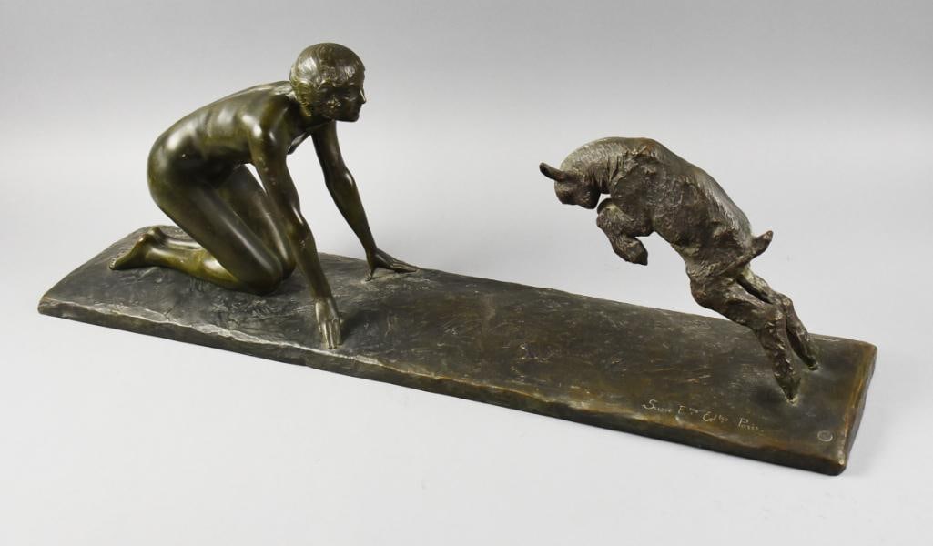 Art Deco Bronze Victor Silvestrie (1884-1976): This is a wonderful Art Deco period bronze figure from Victor Silvestrie (1884-1976). It is "Jeune Femme au Cabri" or "Young Woman with Kid/Goat". Signed in the base V Silvestri with Susse Frères