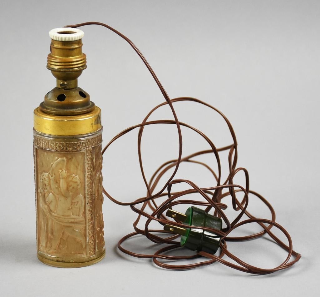 c1920 French Embossed Satin Glass Putti Bottle Conversion: Great looking antique perfume bottle converted into a small table lamp. The panels around the glass are Putti in various poses, collar appears brass with Made in France stamp. The atomizer has been