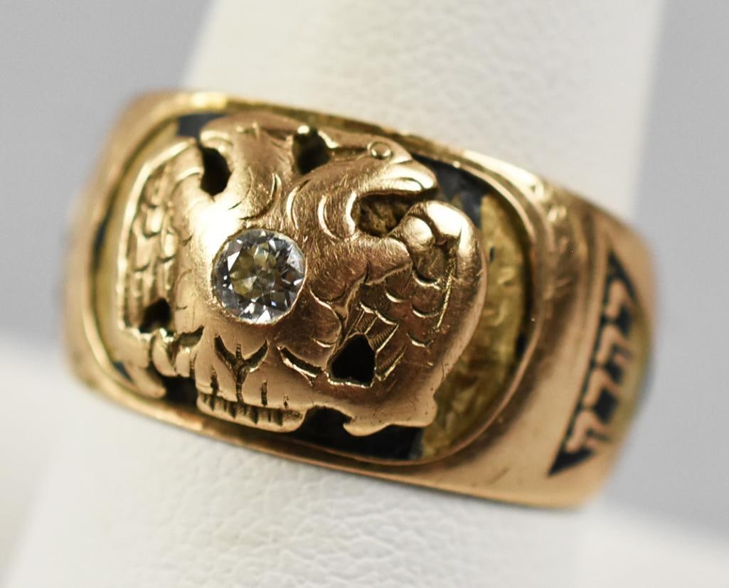 14K Masonic Scottish Rite 32nd Degree Ring 1910: Awesome antique ring is 14K yellow gold. This double eagle ring is set with a round cut diamond. Along one side of the band is the number 32 in a triangle and Hebrew letters in a triangle on the