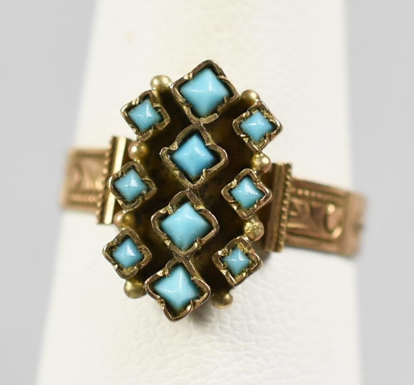 Victorian 14K Rose Gold, Enamel Ring: Beautiful antique ring in from the Victorian era, c1890. Cast in 14K rose gold, features an elongated hexagon with what appears to be a pearlized turquoise enamel. Hand engravings down either side