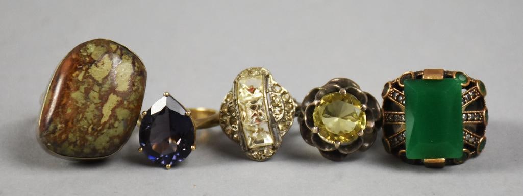 Assorted Vintage Sterling & Gemstone Cocktail Rings: Very pretty assortment of vintage rings. They are cocktails style and all are sterling silver. Each has a wonderful gemstone setting that include citrine, jasper and what appears to be synthetic alexa