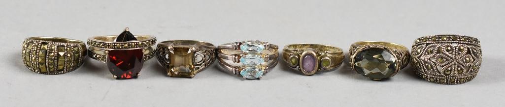 Vintage Hava Sterling & Gemstone Cocktail Rings: Beautiful rings are all believed to be Hava. They are sterling silver with gemstones like smokey topaz, garnet, marcasites and more. Each is stamped and they are all approx. size 6 to 8.