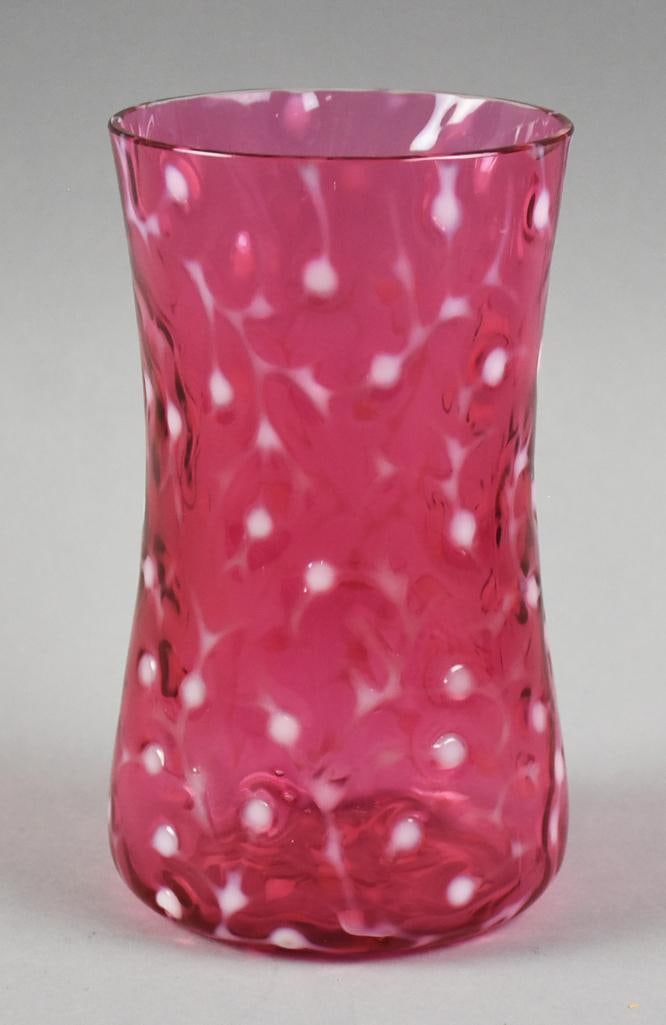 Antique Cranberry Glass, Opalescent Dot & Web Vase: This beautiful piece appears to be from the Victorian era. It is a 6.5" tall cranberry glass vase with a controlled opalescent dot with pulled webs. No visible marks.